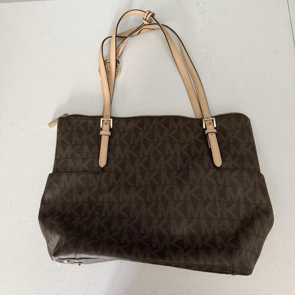 Michael Kors Tote Bag Womens Large Brown Logo PVC Leather Zip Shoulder Handbag